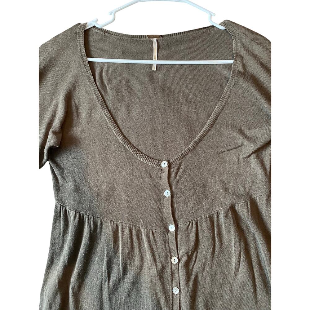Free People Knit Button Front Babydoll Top Large Taupe Cotton Modal Y2K 2000s - Picture 4 of 7